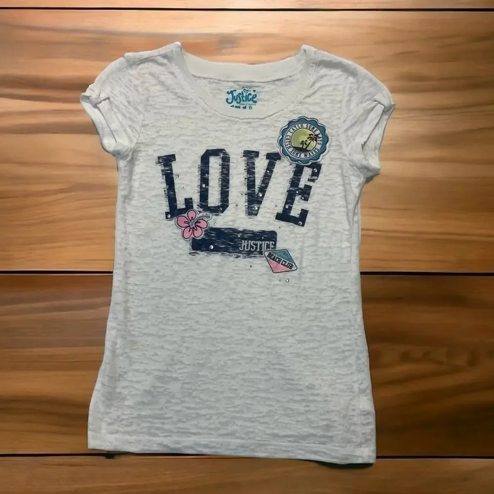 Justice Love Graphic T-shirt Girl’s Size 8 white burnout tee Y2K 90s